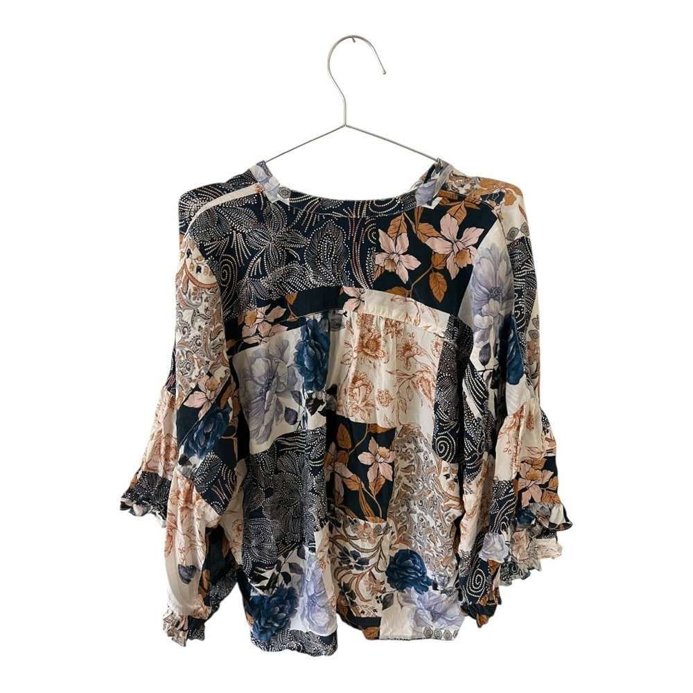 Johnny Was 100% Silk Floral Paisley Patchwork Bell Sleeve Blouse Top Navy L - Picture 6 of 7
